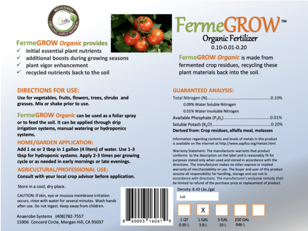 FermeGrow Organic Back label